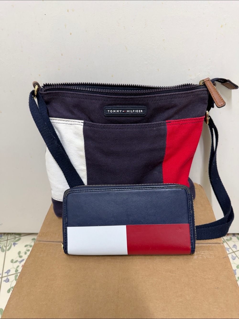 Tommy Hilfiger Navy Canvas Crossbody with Brown Trim and Wallet